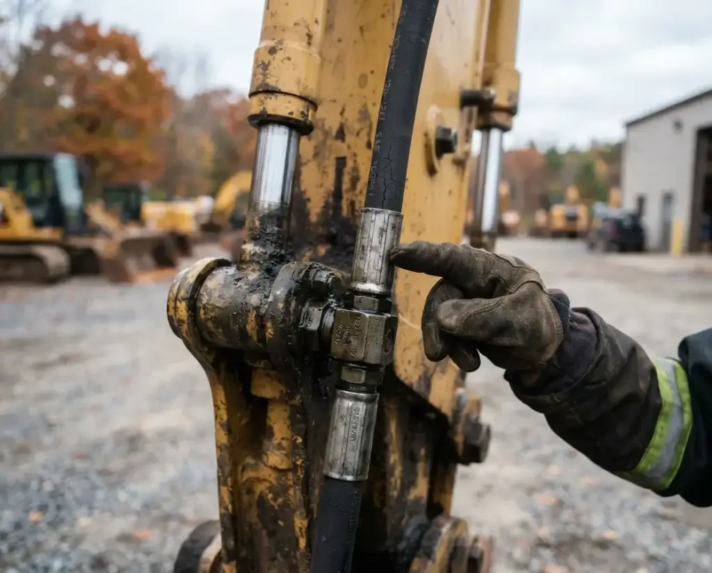 Close inspection of a hydraulic hose crimp fitting for cracks and leaks during fall maintenance longislandhose.com