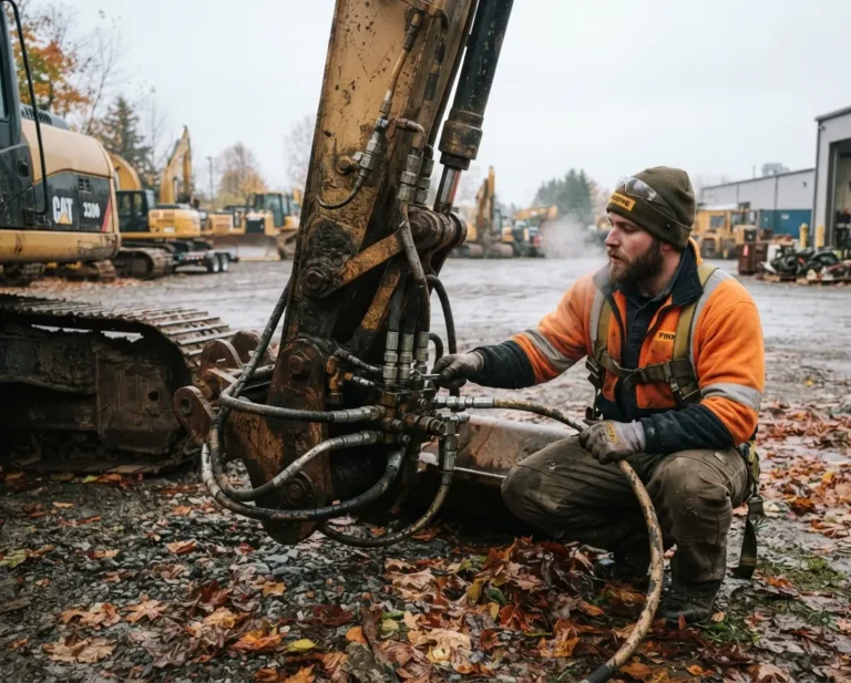 Technician performing hydraulic system fall maintenance on heavy equipment before winter on Long Island